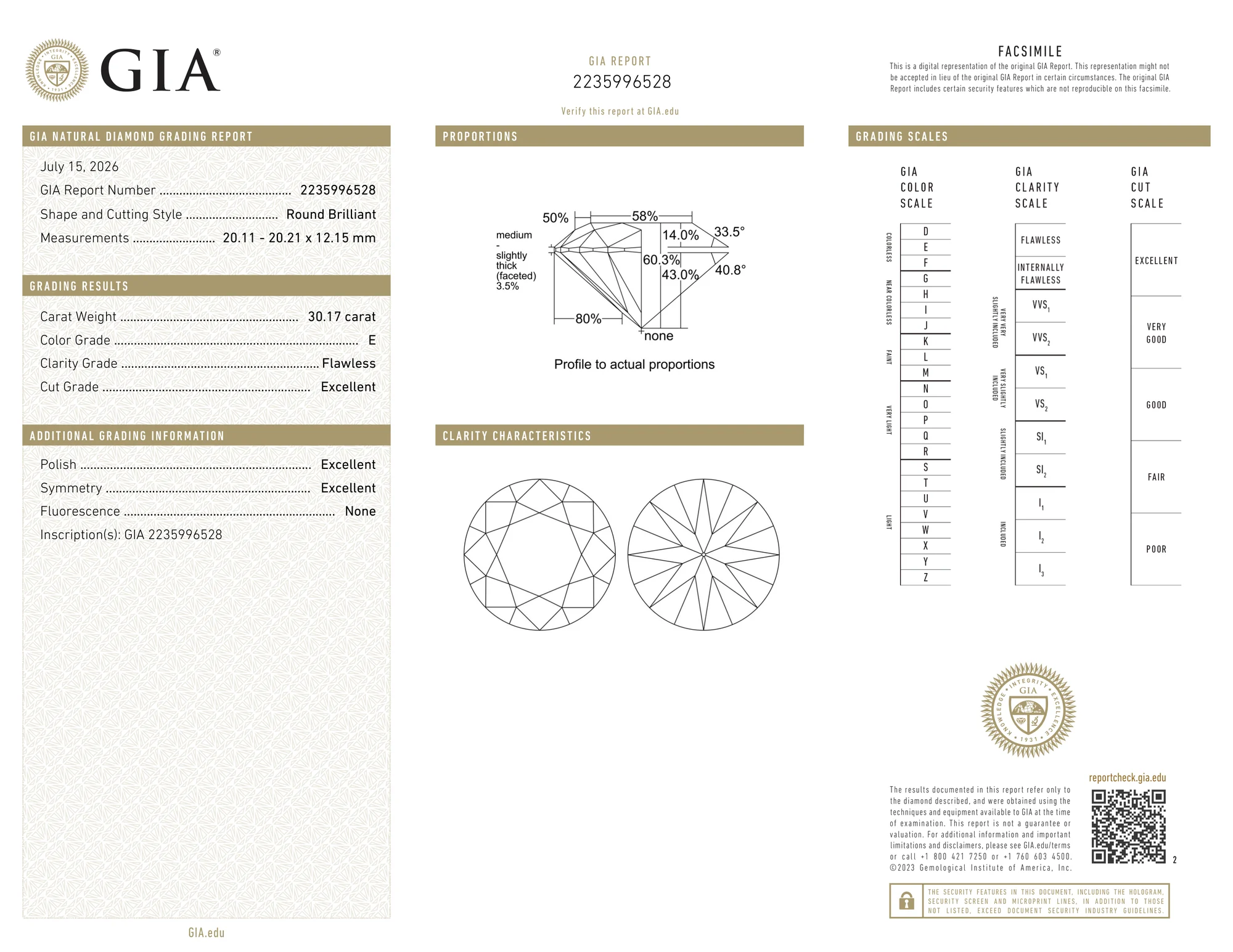 Отчёт GIA Natural Diamond Grading Report на круглый бриллиант 30,17 карата, цвет E, чистота Flawless