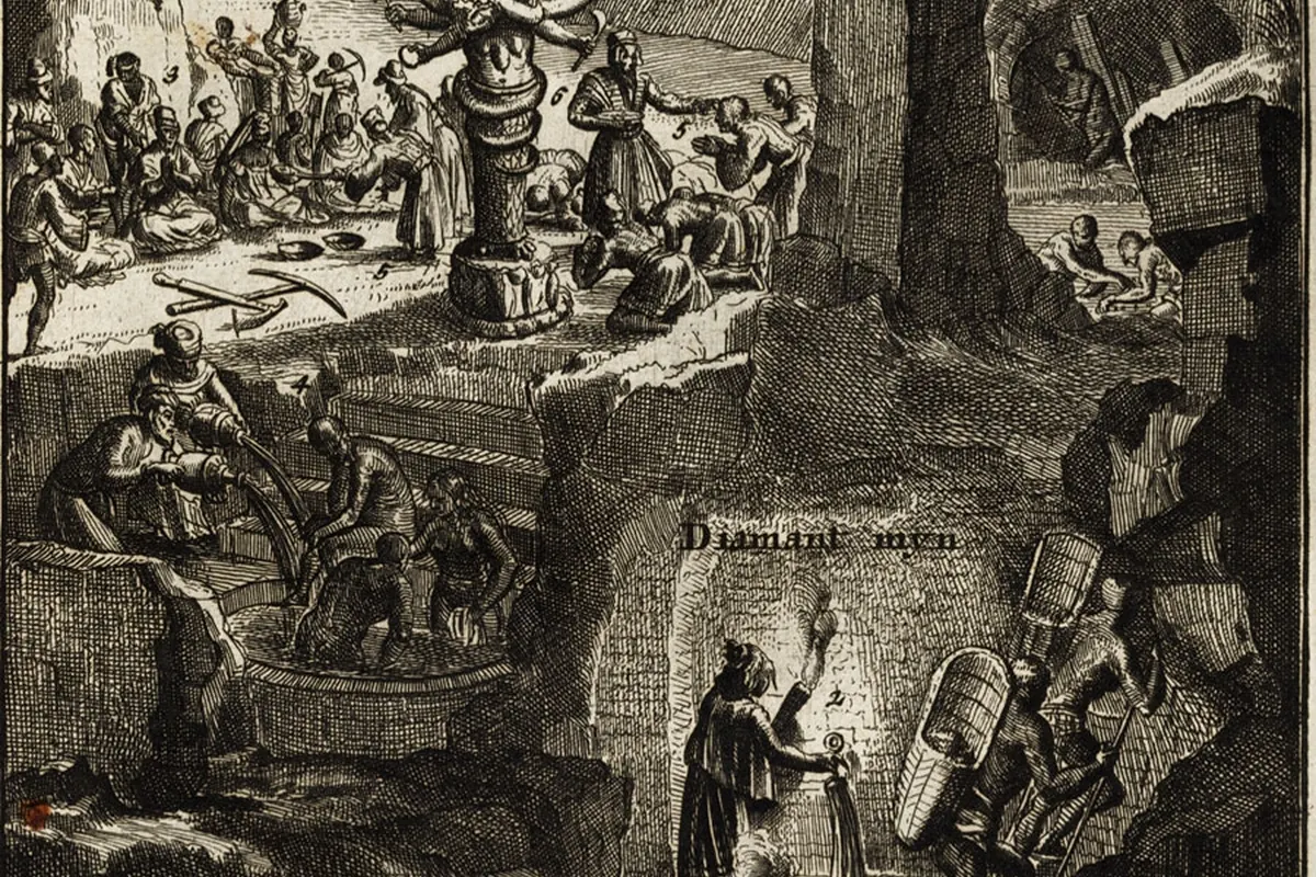 Гравюра около 1725 года: двор правителя Голконды и легендарные алмазные копи (условное изображение)