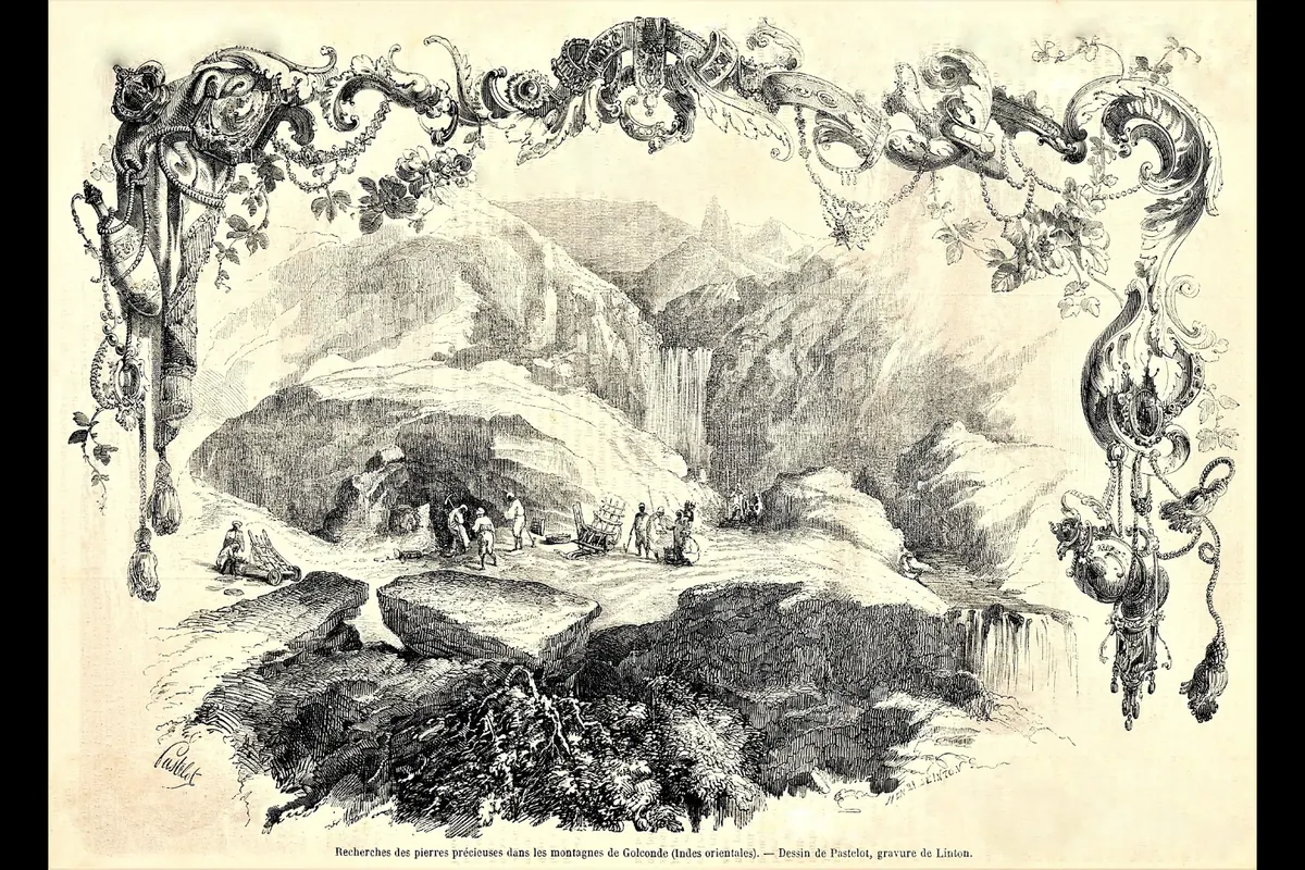 Добыча алмазов в Голконде, гравюра 1875 года